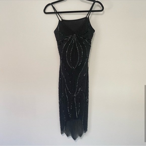 Elegant Black Beaded Gatsby Evening Dress 1920s Flapper Art Deco Cocktail Small - Picture 4 of 15